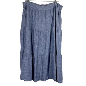 Matty M Linen Blend Midi Skirt Women’s XXL Blue Chambray Tiered Pockets